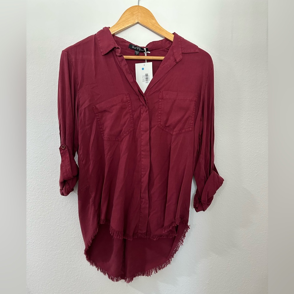 Burgundy button down with fringe at bottom